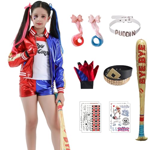 Alaiyaky Harley Kostüm Damen, Quinn Cosplay Clown Outfits Quinn Kostüm mit Handschuhen Halskette Perücke Strümpfe Aufkleber Ballon, Coole Mädchen Outfits für Karneval Halloween (Mädchen, 140) von Alaiyaky