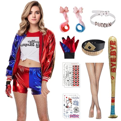 Alaiyaky Harley Kostüm Damen, Quinn Cosplay Clown Outfits Quinn Kostüm mit Handschuhen Halskette Perücke Strümpfe Aufkleber Ballon, Coole Mädchen Outfits für Karneval Halloween (Damen, M) von Alaiyaky