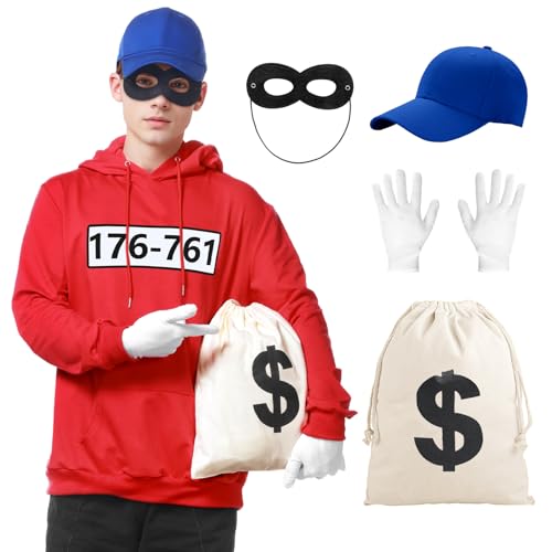 Alaiyaky Herren Bankräuber Kostüm, Gangster Panzerknacker Kostüm Karneval Fasching Outfit mit Kapuzenpullover Maske Handschuhe, T-Shirt Herren Banditen Kostüm Fasching & Karneval (Stil A, XL) von Alaiyaky