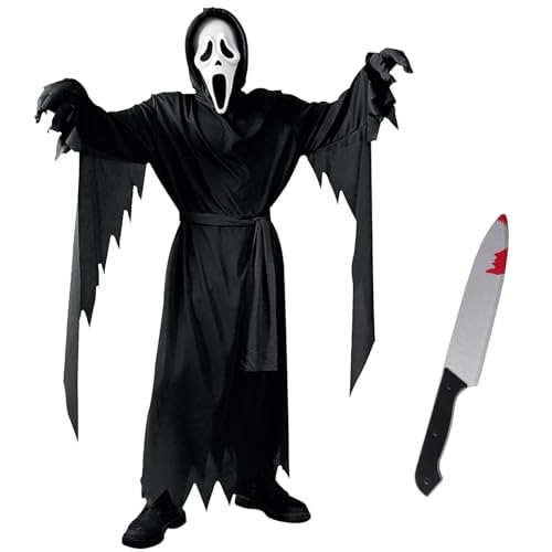 Alaiyaky Horror Kostüm Set, Halloween Kostüm Herren Sensenmann Kostüm mit Horror Maske Handschuhen Gürtel, Gruseliger Sensenmann Kostüm für Halloween Karneval Kostümparty (Schwarz, M) von Alaiyaky