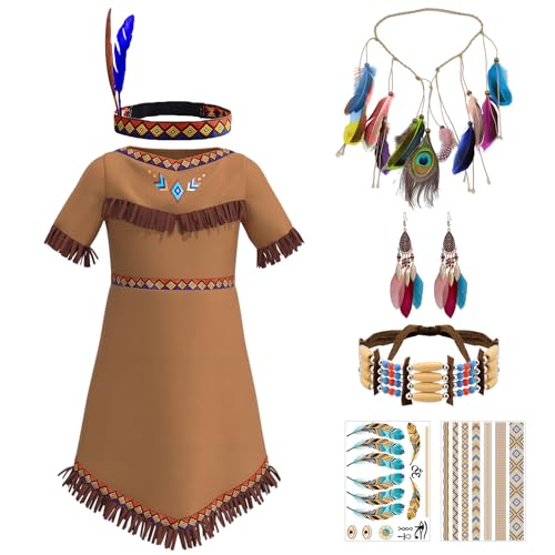 Alaiyaky Indianer Kostüm Kinder, Karneval Kostüm Indianer Kleid mit Indianer Kopfschmuck Stirnbänd Halsketten Armbänder Temporäre Tattoos, Cowgirl Kostüm Mädchen für Karneval Halloween (Anzug A, 110) von Alaiyaky