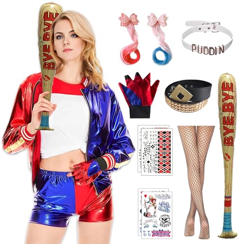 Alaiyaky Quinn Kostüm Harley, Faschingskostüm, Damen, Quinn, Kostüm mit Jacke, T-Shirt, Shorts, Handschuh, Perücke, Gürtel, Ball, Strümpfe, Tattoo, Harley-Kostüm für Halloween (Damen, XL) von Alaiyaky