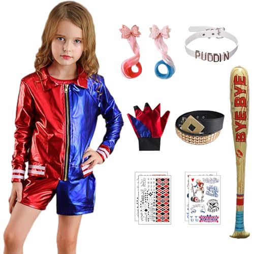 Alaiyaky Quinn Kostüm Harley, Kostüm Karneval Damen Quinn Kostüm mit Jacke T-Shirt Shorts Handschuh Perücke Gürtel Ballon unten Tattoo Kostüm Harley für Halloween (Mädchen, 120) von Alaiyaky