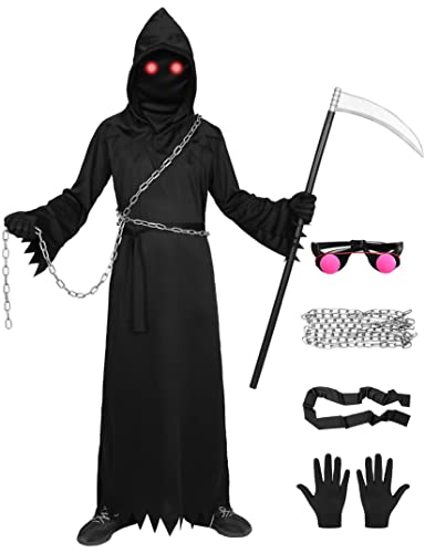 Alaiyaky Kostüm Sensenmann Für Kinder, Erwachsene, Robe mit Kapuze, Sensenmann Kleidung/Kapuze/Sense/Ketten/Brille,Halloween, Karneval, Mottoparty (XL, Kinder) von Alaiyaky