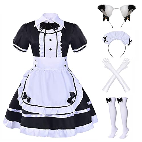 Alaiyaky Maid Dress Cosplay Anime Set, Niedlich Maid Outfit mit Katzenohren Haarreif Handschuhe Strümpfe, Klassisch Café Maid Kostüm, French Maid Kleid für Karneval Halloween Maskerade (Cosplay 3, S) von Alaiyaky