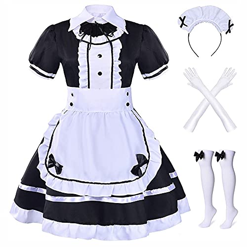 Alaiyaky Maid Dress Cosplay Damen Anime Maid Kleid,7Pcs Set Kleidung mit Handschuhe Strümpfe Kopfbedeckung Schürze für Halloween Karneval Kostüm (L, Maid Kleid) von Alaiyaky