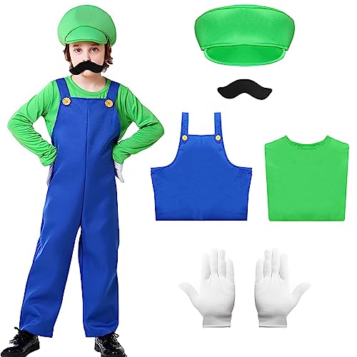 Alaiyaky Mario Kostüm Set für Kinder, 6 Pcs Mario und Luigi Kostüm Mario Cosplay Outfit mit T-Shirt Latzhose Hut Handschuhen Bart, Super Klempner Outfit für Karneval Halloween (Grün, M) von Alaiyaky