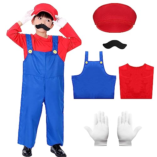 Alaiyaky Mario Kostüm Set für Kinder, 6 Pcs Mario und Luigi Kostüm Mario Cosplay Outfit mit T-Shirt Latzhose Hut Handschuhen Bart, Super Klempner Outfit für Karneval Halloween (Rot, L) von Alaiyaky