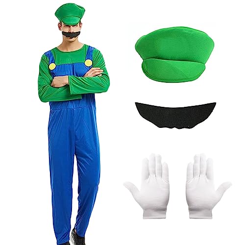 Alaiyaky Mario Luigi Kostüm, Mario Kostüm für Erwachsene und Kinder, Mario Kleid mit Hut Bart Handschuhe, Super Klempner Anzug Mario Anzug für Halloween Karneval (Ad-V, S) von Alaiyaky