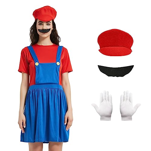 Alaiyaky Mario und Luigi Kostüm für Erwachsene Kinder, Mario Kostüm Super Klempner Overall, Mario Bros Cosplay Outfit mit Hut Bart Handschuhen, Mario Outfit für Halloween Karneval (Damen Mario, XL) von Alaiyaky