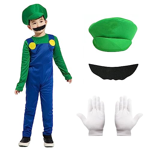 Alaiyaky Mario und Luigi Kostüm für Erwachsene Kinder, Mario Kostüm Super Klempner Overall, Mario Bros Cosplay Outfit mit Hut Bart Handschuhen, Mario Outfit für Halloween Karneval (Jungen Luigi, S) von Alaiyaky