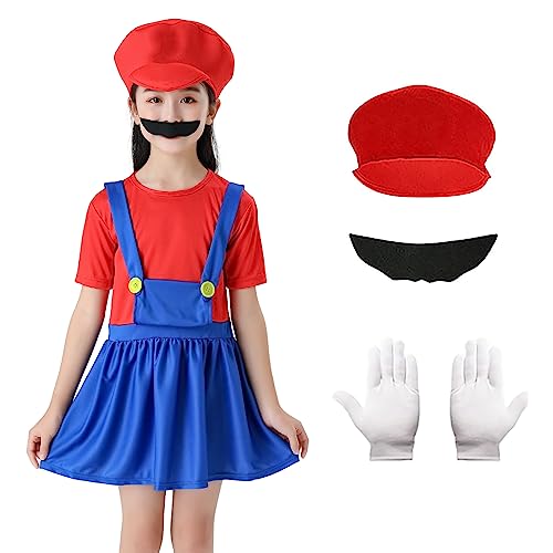 Alaiyaky Mario und Luigi Kostüm für Erwachsene Kinder, Mario Kostüm Super Klempner Overall, Mario Bros Cosplay Outfit mit Hut Bart Handschuhen, Mario Outfit für Halloween Karneval (Mädchen Mario, XL) von Alaiyaky