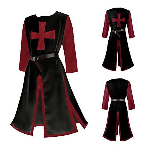 Alaiyaky Mittelalter Ritter Kostüm Erwachsener, Mittelalter Kleidung Herren Tempelritter Cosplay Waffenrock Kreuzritter Kostüm, Wikinger Tunika für Kostümparty Karneval Halloween (Rot Schwarz, XL) von Alaiyaky