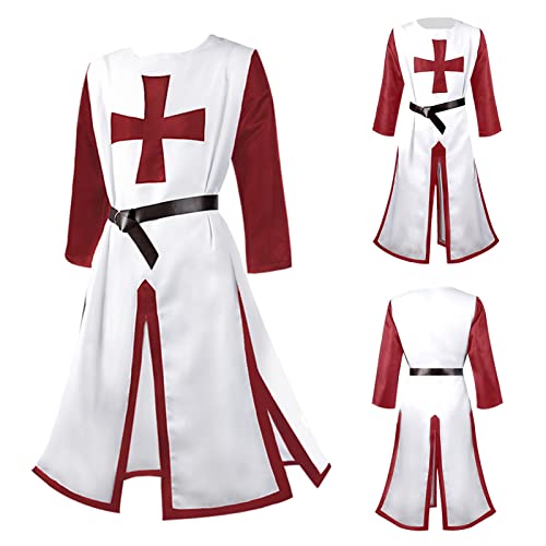 Alaiyaky Mittelalter Ritter Kostüm Erwachsener, Mittelalter Kleidung Herren Tempelritter Cosplay Waffenrock Kreuzritter Kostüm, Wikinger Tunika für Kostümparty Karneval Halloween (Rot Weiß, 3XL) von Alaiyaky