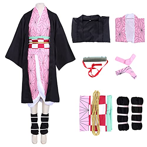 Alaiyaky Nezuko Cosplay Demon Slayer Kostüm Set, Anime Outfit mit Umhang Gürtel und Ohrringen für Erwachsene und Kinder Halloween Party Comic Show Kleidung (150, Cosplay2) von Alaiyaky