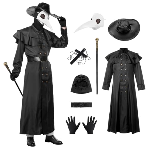 Alaiyaky Pest-Doktor-Masken-Kostüm, Umhang-Set für Erwachsene, schwarz, Pestarzt, Robe mit Handschuhen, Halloween, Cosplay, Outfit, Herren, Weiß (Herrengröße), L von Alaiyaky