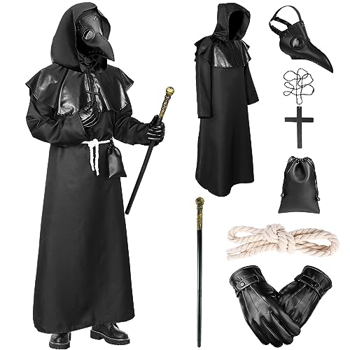 Alaiyaky Pestdoktor Kostüm Set, Plague Doctor Costume Pest Doktor Kostüm Herren Outfits mit Pestdoktor Maske Zepter Kreuz-Halskette Gürtel Beutels, Karneval Kostüm für Erwachsene (Schwarz, 2XL) von Alaiyaky