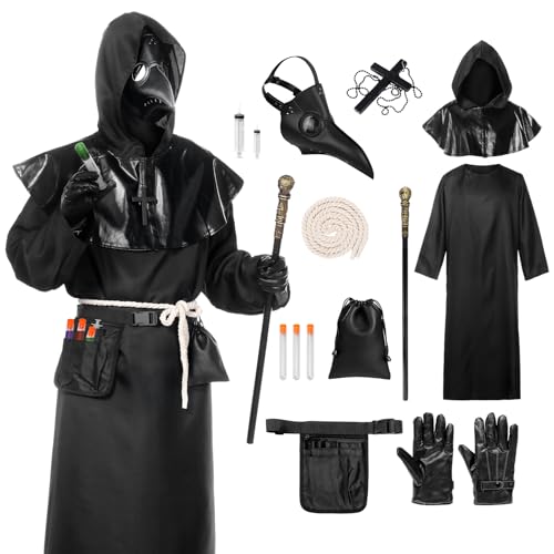 Alaiyaky Pestdoktor Kostüm Set, Plague Doctor Costume Pest Doktor Kostüm Herren Outfits mit Pestdoktor Maske Zepter Kreuz-Halskette Gürtel Beutels, Karneval Kostüm für Erwachsene (Schwarz, 2XL) von Alaiyaky