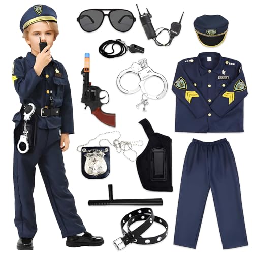 Alaiyaky Polizei Kostüm Kinder, 12 Pcs Polizist Kostüm Kinder Polizei Set Polizei Kostüm mit Mütze Handschellen Brille Walkie Talkie Taktstock, Polizei Ausrüstung Kinder für Karneval (Polizei, 140) von Alaiyaky