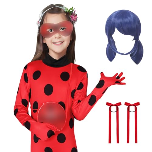 Alaiyaky Polka Dots Rot Kostüm Kinder Mädchen, Naturkostüm Karneval Tier Kostüme mit bAugenmaske Jumpsuits Perücken und Ohrringe, Kinder Mädchen Rot Kostüm für Karneval Fasching (Stil A, 110) von Alaiyaky