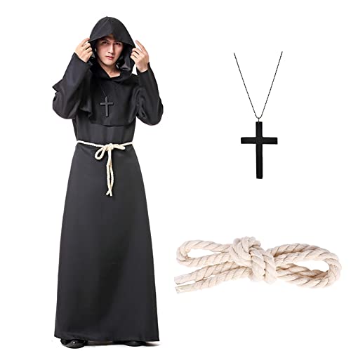 Alaiyaky Priester Robe Mönch Kleid Mittelalter Kostüm Herren Schwarze Robe mit Kapuze Renaissance Gewand mit Halskette und Gürtel, Mönchs Uniform Für Halloween Karneval Mittelalter Party (Schwarz, L) von Alaiyaky