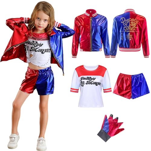 Alaiyaky Quinn Cosplay Kostüm für Kinder,Bösewicht Suicide Kostüm enthalten Handschuhe, Jacke, T-Shirt, Shorts,Halsband für Halloween Karneval Fancy Dress (130, Rot und Blau) von Alaiyaky