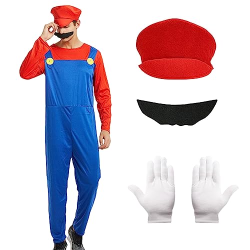 Alaiyaky Mario und Luigi Kostüm für Erwachsene Kinder, Mario Kostüm Super Klempner Overall, Mario Bros Cosplay Outfit mit Hut Bart Handschuhen, Mario Outfit für Halloween Karneval (Herren Mario, L) von Alaiyaky