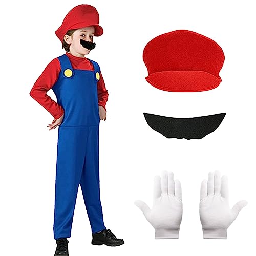 Alaiyaky Mario und Luigi Kostüm für Erwachsene Kinder, Mario Kostüm Super Klempner Overall, Mario Bros Cosplay Outfit mit Hut Bart Handschuhen, Mario Outfit für Halloween Karneval (Jungen Mario, L) von Alaiyaky