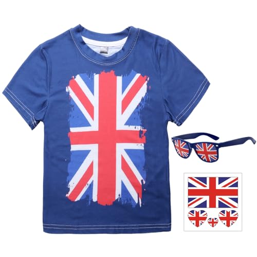 Alaiyaky T-Shirt für Kinder, britische Flagge, England-T-Shirt, Unisex, Kinder, Union Jack-Flaggen, Königskönigsfeier, königliche Feiern (Anzug B, 120) von Alaiyaky