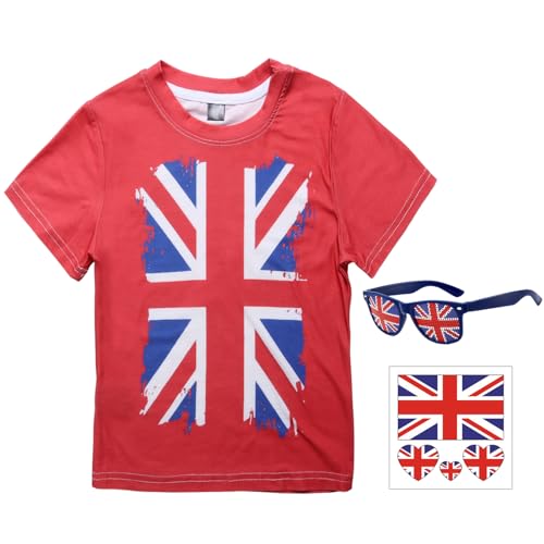 Alaiyaky T-Shirt für Kinder, britische Flagge, England-T-Shirt, Unisex, Kinder, Union Jack-Flaggen, Königskönigsfeier, königliche Feiern (Anzug C, 150) von Alaiyaky