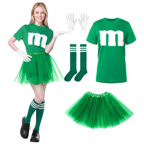 Alaiyaky T-Shirt mit m Aufdruck für Damen, Tüllrock Karneval Gruppenkostüm Damen mit m T-shirt Tutu-Rock und Gestreifte Socken, M Aufdruck Kostüm für Fasching Karneval (Grün, M) von Alaiyaky