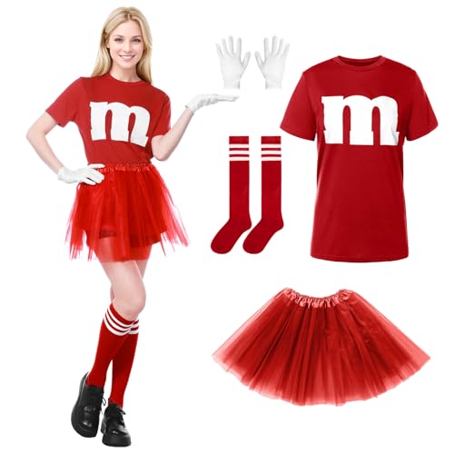 Alaiyaky T-Shirt mit m Aufdruck für Damen, Tüllrock Karneval Gruppenkostüm Damen mit m T-shirt Tutu-Rock und Gestreifte Socken, M Aufdruck Kostüm für Fasching Karneval (Rot, L) von Alaiyaky