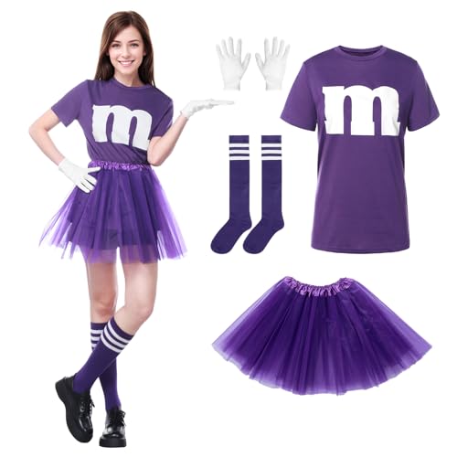 Alaiyaky T-Shirt mit m Aufdruck für Damen, Tüllrock Karneval Gruppenkostüm Damen mit m T-shirt Tutu-Rock und Gestreifte Socken, M Aufdruck Kostüm für Fasching Karneval (Violett, L) von Alaiyaky