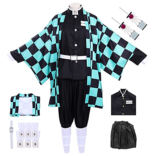 Alaiyaky Tanjirou Cosplay Kostüm mit Earrings, Tanjirou Cosplay Kimono Halloween Jacke Kostüm Anime Mantel Outfit für Erwachsene und Kinder (140cm, Cosplay 1) von Alaiyaky