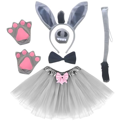 Alaiyaky Tierkostüm Kinder, Maus Kostüm Leoparden Kostüm Elefanten Cosplay Giraffen Kostüm mit Stirnband Nase Fliege Handschuhe Schwanz Tutu, Tier Kostüm Zubehör für Karneval Halloween (Esel, F) von Alaiyaky