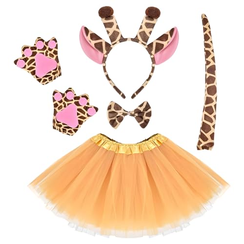 Alaiyaky Tierkostüm Kinder, Maus Kostüm Leoparden Kostüm Elefanten Cosplay Giraffen Kostüm mit Stirnband Nase Fliege Handschuhe Schwanz Tutu, Tier Kostüm Zubehör für Karneval Halloween (Giraffe, F) von Alaiyaky