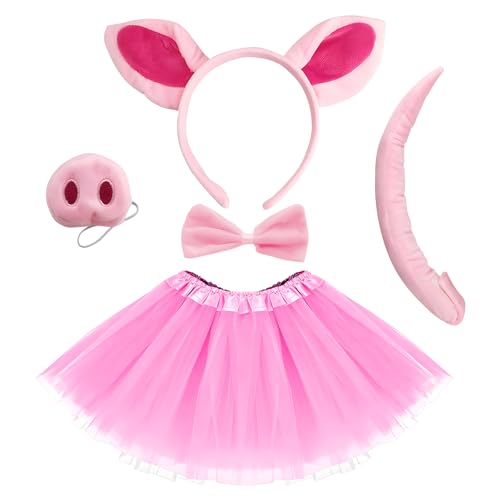 Alaiyaky Tierkostüm Kinder, Maus Kostüm Leoparden Kostüm Elefanten Cosplay Giraffen Kostüm mit Stirnband Nase Fliege Handschuhe Schwanz Tutu, Tier Kostüm Zubehör für Karneval Halloween (Schwein, F) von Alaiyaky