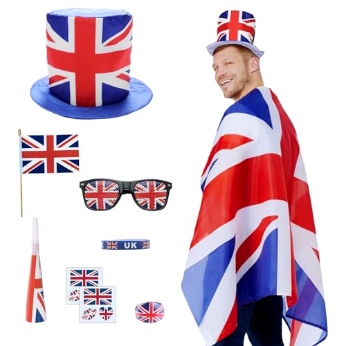 Alaiyaky Umhang-Set mit Union Jack-Motiv, 10-teiliges britisches Kostüm, tragbarer Flaggenumhang mit Union-Jack-Hut, Flagge, Brille, Krawatte, Hörnern, Armband, Ringaufkleber, Union Jack-Anzug für von Alaiyaky