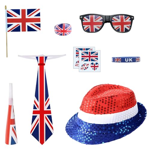 Alaiyaky Union-Jack-Hut-Set, 9-teilig, Union-Jack-Kostüm-Zubehör-Set, britische Flagge, Kappe für König, Krönung, königliche britische Veranstaltungen, Ve Day (Set A) von Alaiyaky