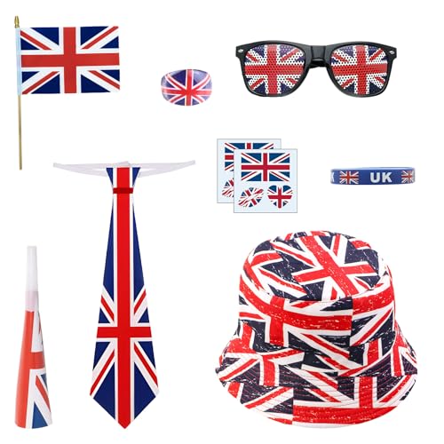 Alaiyaky Union-Jack-Hut-Set, 9-teilig, Union-Jack-Kostüm-Zubehör-Set, britische Flagge, Kappe für König, Krönung, königliche britische Veranstaltungen, Ve Day (Set B) von Alaiyaky