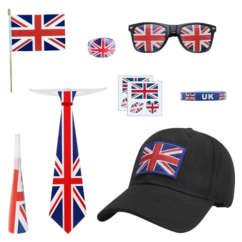 Alaiyaky Union-Jack-Hut-Set, 9-teilig, Union-Jack-Kostüm-Zubehör-Set, britische Flagge, Kappe für König, Krönung, königliche britische Veranstaltungen, Ve Day (Set C) von Alaiyaky