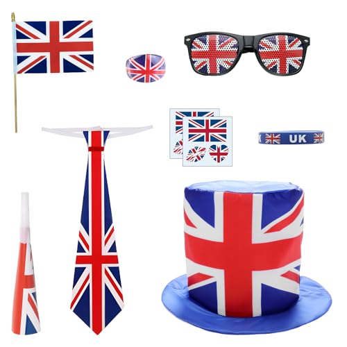 Alaiyaky Union-Jack-Hut-Set, 9-teilig, Union-Jack-Kostüm-Zubehör-Set, britische Flagge, Kappe für König, Krönung, königliche britische Veranstaltungen, Ve Day (Set D) von Alaiyaky