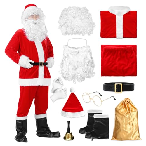 Alaiyaky Weihnachtsmann Kostüm, 11Stk Nikolaus Kostüm Weihnachtskostüm Herren Nikolauskostüm mit Weihnachtsmütze Perücke Bart Brille Glocke Gürtel Handschuhe Geschenktüte Stiefelüberzüge (Typ A, M) von Alaiyaky