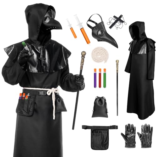 Pest Arzt Maske Kostüme Set Umhang für Erwachsene Schwarzer Tod Arzt Kostüm Halloween Cosplay Pest Dr Outfit (Small, Schwarz) von Alaiyaky