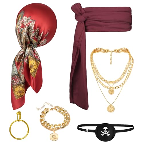 Alaoo 6 Stück Piraten Kostüm Zubehör Set,Mittelalter Piratenkostüm Zubehör Set mit Kopftuch Augenklappe Ohrringe Halskette Armband Hüfte Tuch,Vintage Accessoires für Karibik Party Halloween Karneval Alaoo 6 Stück Piraten Kostüm Zubehör Set,Mittelalter Piratenkostüm Zubehör Set mit Kopftuch Augenklappe Ohrringe Halskette Armband Hüfte Tuch,Vintage Accessoires für Karibik Party Halloween Karneval von Alaoo