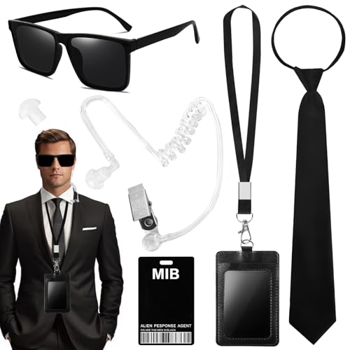 Alaoo Agent Kostüm Zubehör, 6 Stück Spion Kostüm Zubehör mit Sonnenbrille, Kabelbinder, Geheimdienstausweis, Kartenhalter, falsche Kopfhörer, Einziehbares Kommunikationskabel für Cosplay Party Alaoo Agent Kostüm Zubehör, 6 Stück Spion Kostüm Zubehör mit Sonnenbrille, Kabelbinder, Geheimdienstausweis, Kartenhalter, falsche Kopfhörer, Einziehbares Kommunikationskabel für Cosplay Party von Alaoo