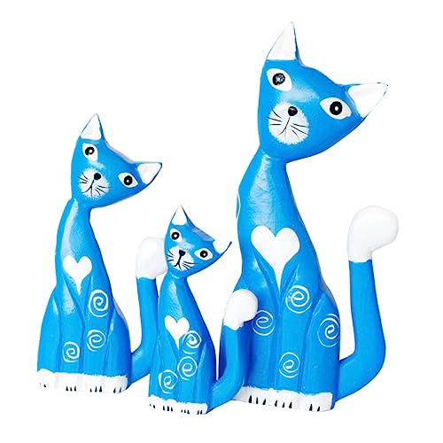 Alasum 1 Satz Gemalte Kätzchen-Ornamente Katzenfigur Figur Bürodekoration Tierische Tischfiguren Verzierung Der Katzenfamilie Heimdekoration Katze-Desktop-Ornament Auto-dekor Holz Blue von Alasum