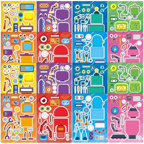 Alasum 16 Blätter Roboteraufkleber Puzzle-Aufkleber Roboter-Aufkleber Interessante Musteraufkleber Aufkleber-Puzzle Roboter-gastgeschenke Partygeschenk Cartoon-Aufkleber Tiere Aufkleber von Alasum