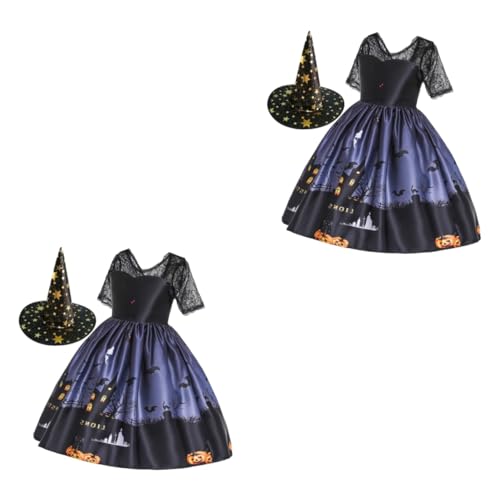 Alasum 2 STK Hexenoutfit für Kinder Kinderkostüme Kleid mit -Print und Hexenhut Hexenkostüm-Outfit Halloween Costume Halloween Kleidung Halloween-Hexenkostüm Cartoon-Rock Black von Alasum