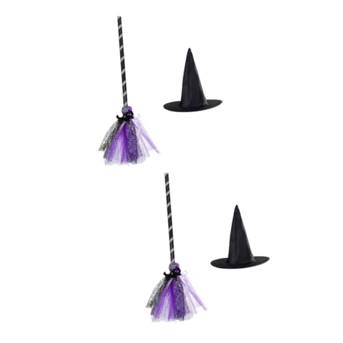 Alasum 2 Sätze Zauberhut Besen Hexenbesen für Kleinkinder Mädchen Hut Halloween Dekoration Halloween-Dekoration Halloween-Cosplay-Requisiten Halloween-Hut-Besen-Dekor Plastik Violett von Alasum